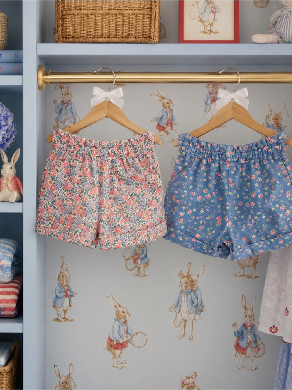 Girls Floral Elastic-Waist Shorts - Pink and Blue